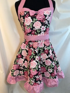 Vintage Inspired Apron - Pink Roses on Black Background