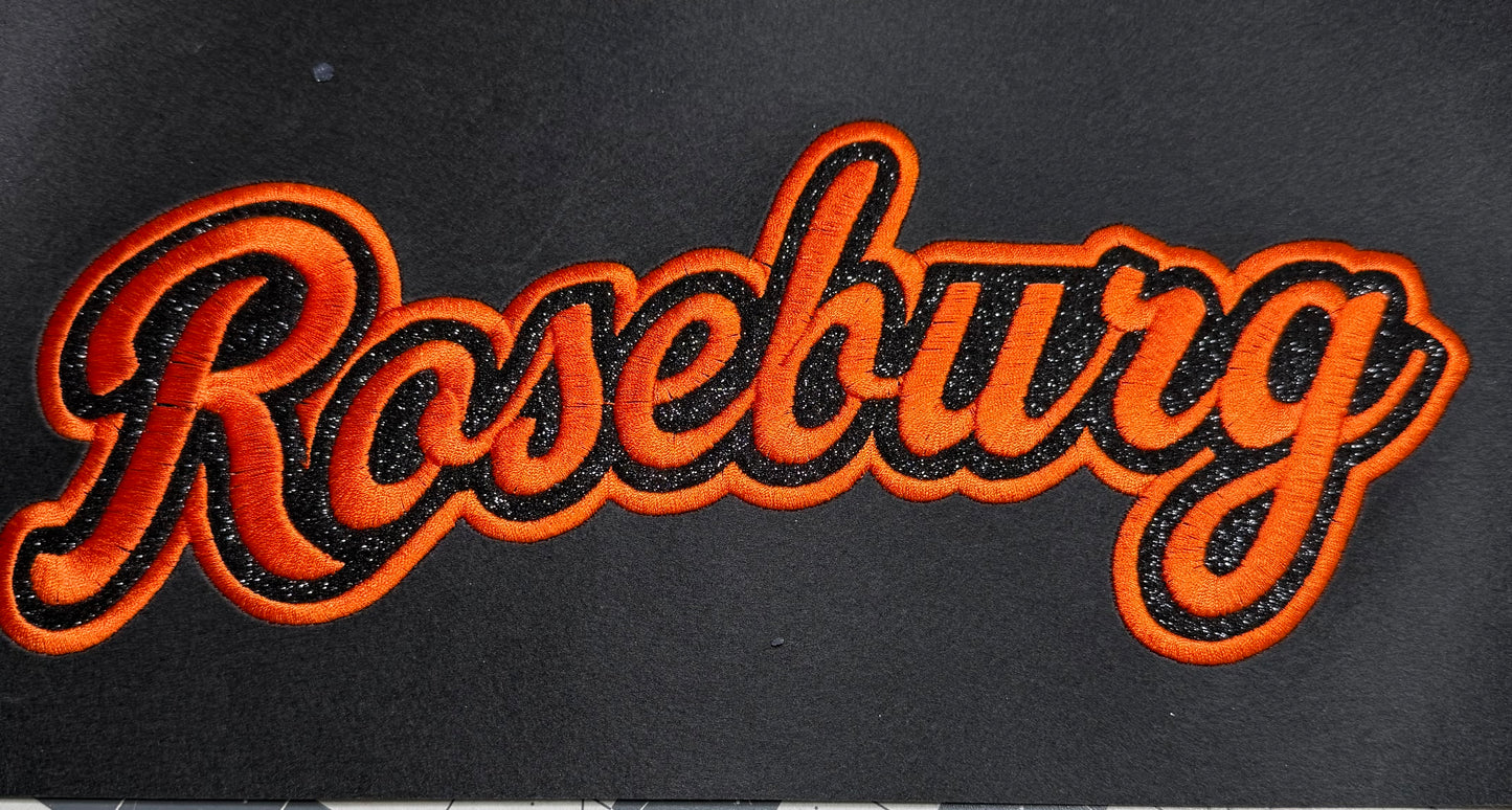 Black Roseburg Hoodie with Orange Letters and Black Glitter Applique